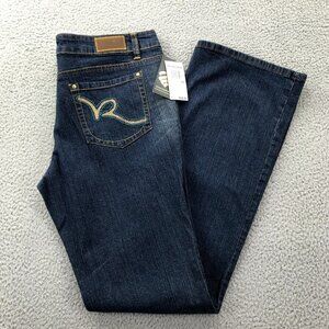 ROCAWEAR Womens Size 13 Dark Wash Mid Rise Logo Pocket Boot‎ Cut Jeans Y2K NEW